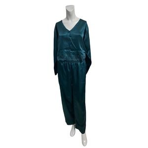 Vintage Victorias Secret Emerald Green Satin Pajama Set Embroidered Floral Small